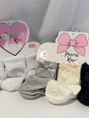 Qty of 2-  NEW 6 packs Princess Rose Bow Socks- size 2-4
